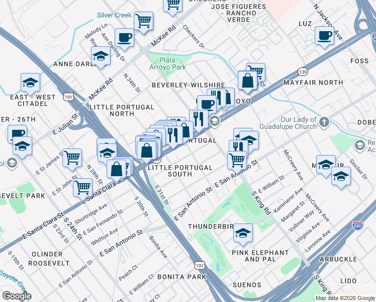 map of restaurants, bars, coffee shops, grocery stores, and more near 15 North 34th Street in San Jose