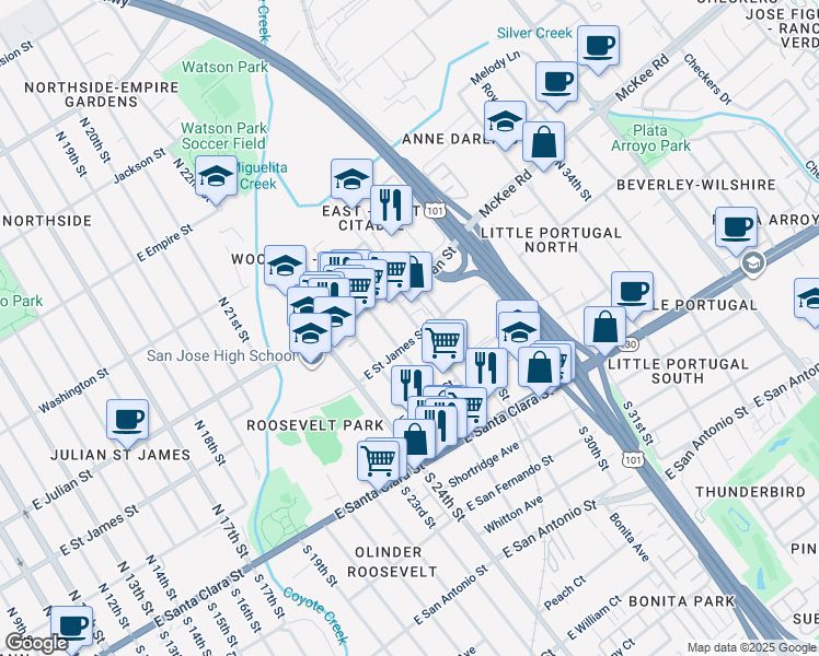 map of restaurants, bars, coffee shops, grocery stores, and more near 208 North 27th Street in San Jose