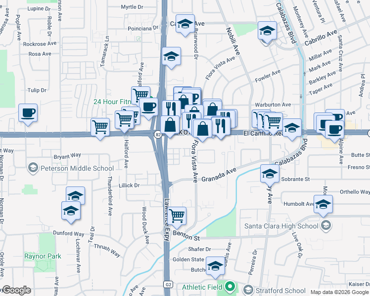 map of restaurants, bars, coffee shops, grocery stores, and more near 3501 Willett Place in Santa Clara