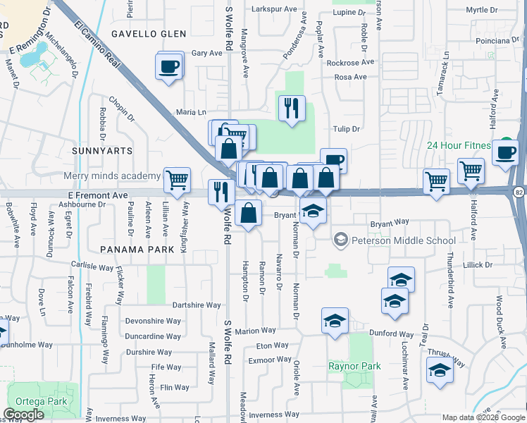 map of restaurants, bars, coffee shops, grocery stores, and more near 959 Bryant Way in Sunnyvale
