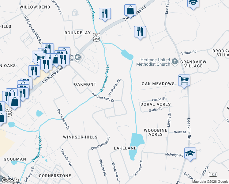 map of restaurants, bars, coffee shops, grocery stores, and more near 110 Yorkshire Circle in Lynchburg