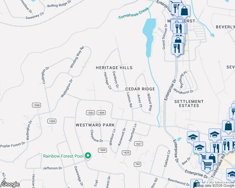 map of restaurants, bars, coffee shops, grocery stores, and more near 1709 Heritage Circle in Lynchburg