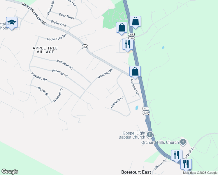 map of restaurants, bars, coffee shops, grocery stores, and more near Carrington Court in Roanoke