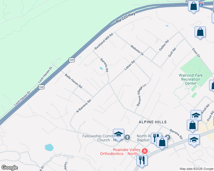 map of restaurants, bars, coffee shops, grocery stores, and more near 6482-6498 Barrens Road in Hollins