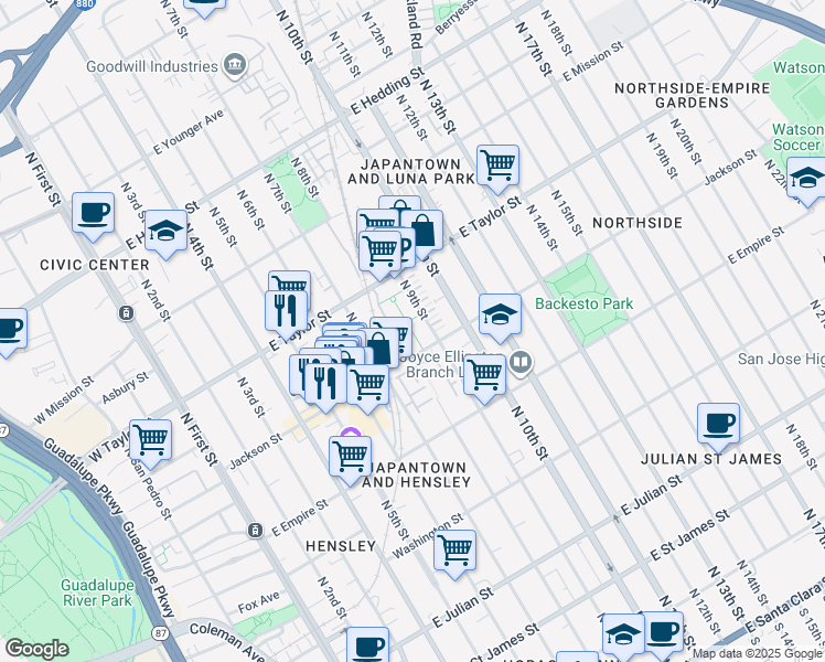 map of restaurants, bars, coffee shops, grocery stores, and more near 350 East Taylor Street in San Jose
