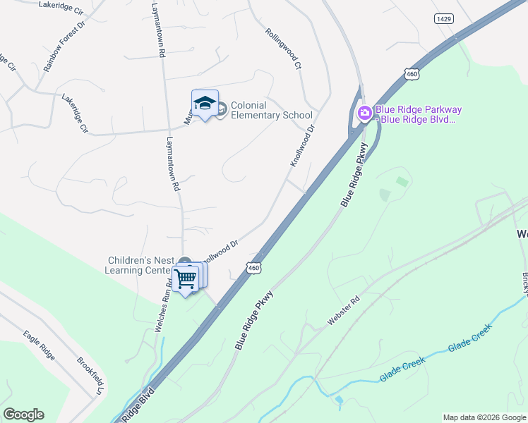 map of restaurants, bars, coffee shops, grocery stores, and more near 315 Knollwood Drive in Troutville