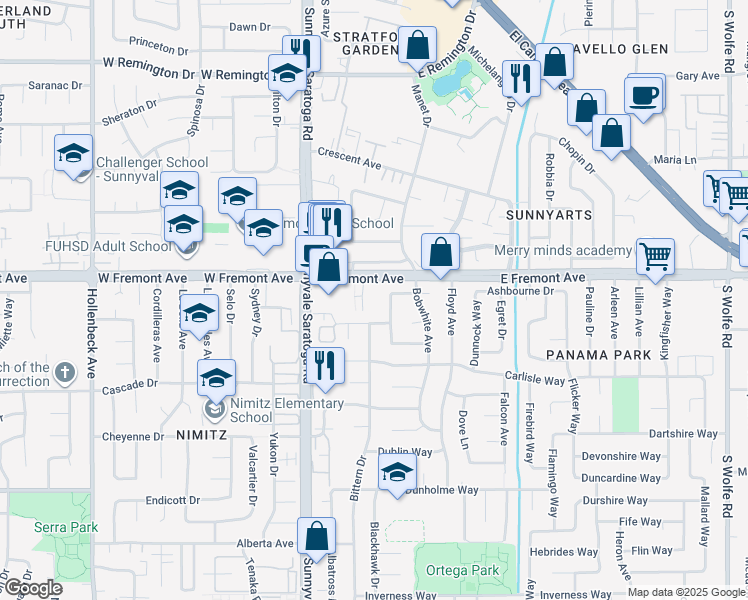 map of restaurants, bars, coffee shops, grocery stores, and more near 1303 Besra Terrace in Sunnyvale