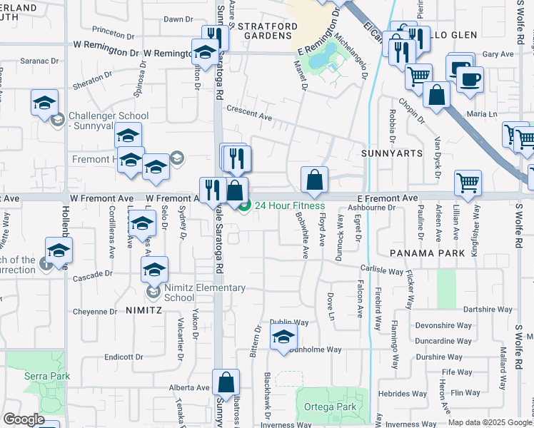 map of restaurants, bars, coffee shops, grocery stores, and more near 1303 Besra Terrace in Sunnyvale