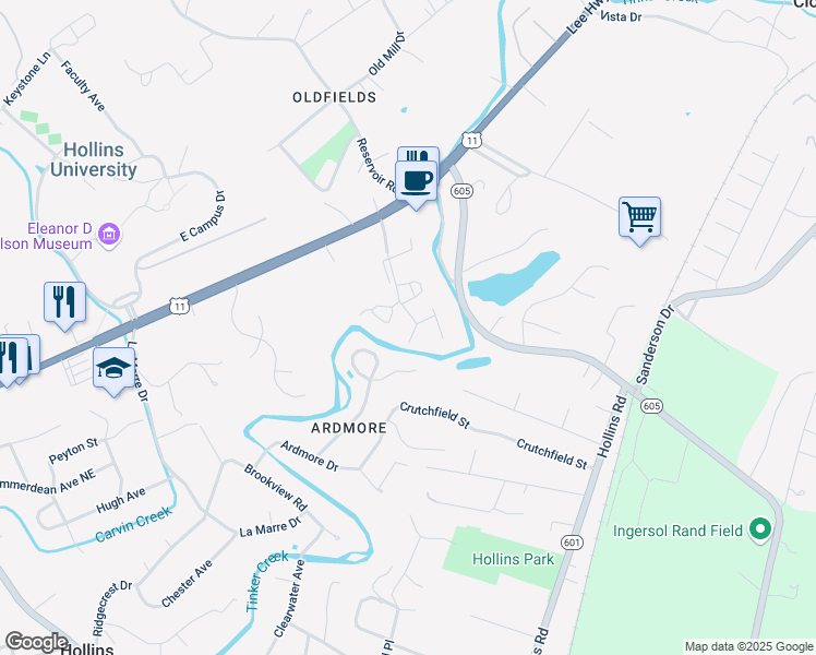 map of restaurants, bars, coffee shops, grocery stores, and more near 8705 Little Hoop Road in Hollins