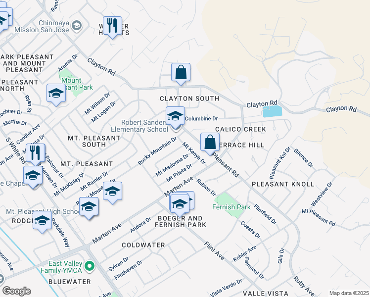 map of restaurants, bars, coffee shops, grocery stores, and more near 3498 Mount Saint Helena Drive in San Jose