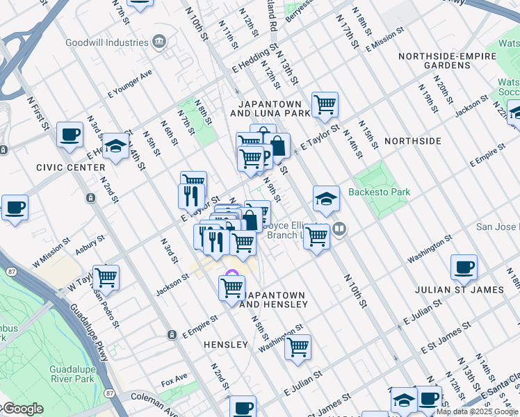 map of restaurants, bars, coffee shops, grocery stores, and more near 350 East Taylor Street in San Jose