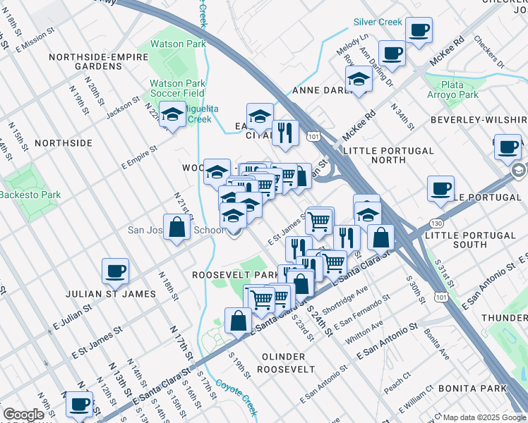 map of restaurants, bars, coffee shops, grocery stores, and more near 1212B East Julian Street in San Jose
