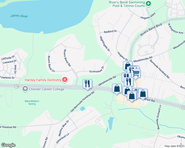 map of restaurants, bars, coffee shops, grocery stores, and more near 201 Scrimshaw Drive in Chester