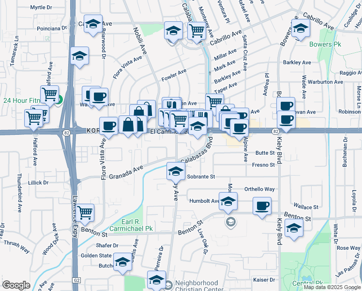 map of restaurants, bars, coffee shops, grocery stores, and more near 1577 Pomeroy Avenue in Santa Clara