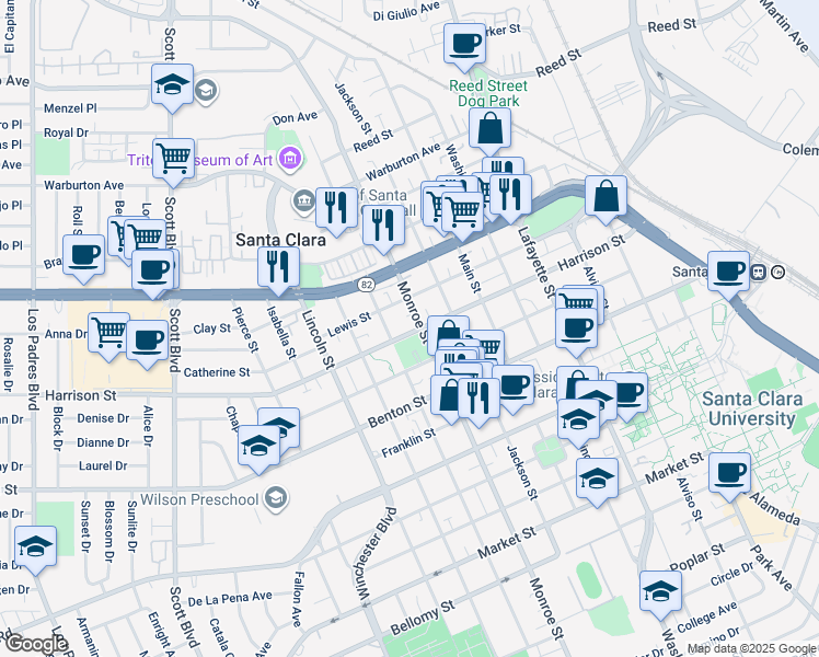 map of restaurants, bars, coffee shops, grocery stores, and more near 1337 Harrison Street in Santa Clara