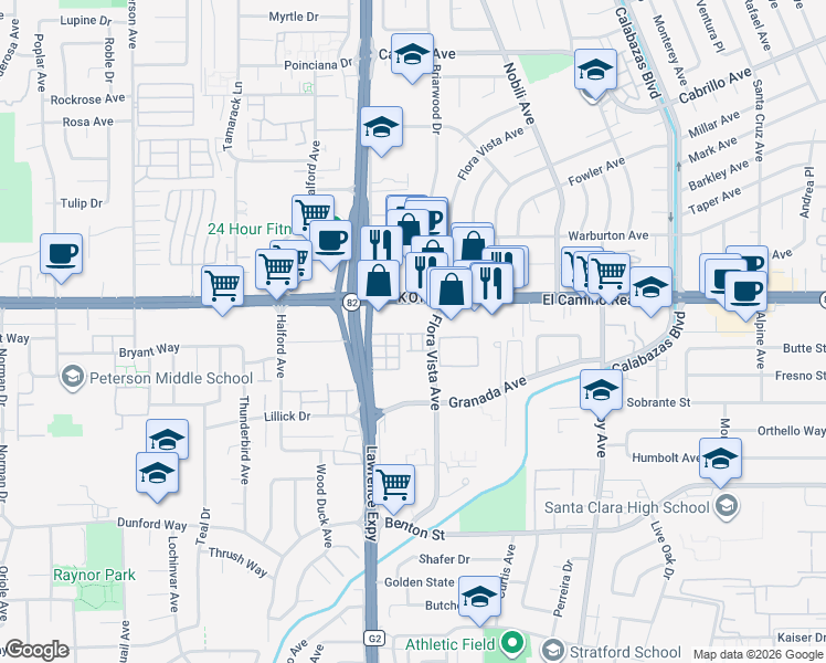 map of restaurants, bars, coffee shops, grocery stores, and more near 3501 Willett Place in Santa Clara