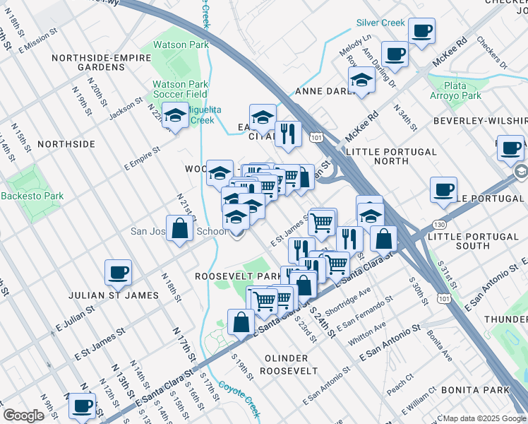 map of restaurants, bars, coffee shops, grocery stores, and more near 1212B East Julian Street in San Jose