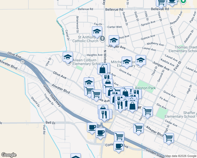 map of restaurants, bars, coffee shops, grocery stores, and more near 1901 Elm Avenue in Atwater