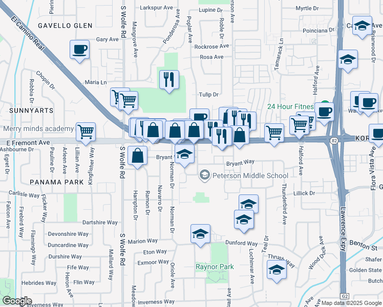 map of restaurants, bars, coffee shops, grocery stores, and more near 993 Bryant Way in Sunnyvale