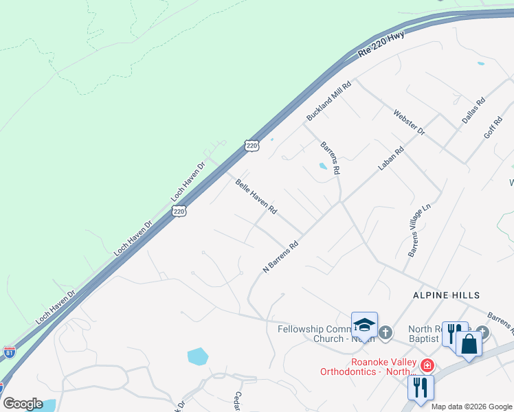 map of restaurants, bars, coffee shops, grocery stores, and more near 8412 Belle Haven Road in Roanoke