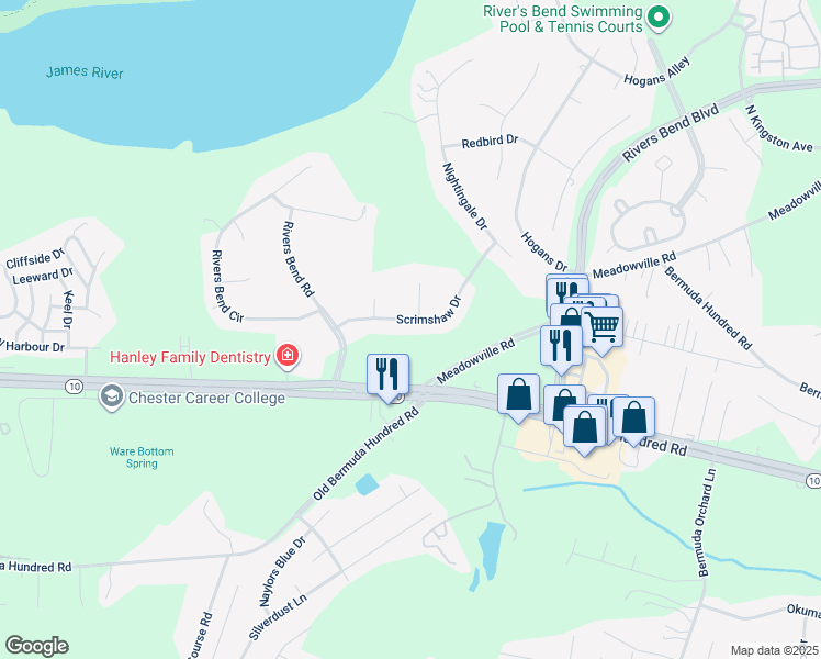 map of restaurants, bars, coffee shops, grocery stores, and more near 201 Scrimshaw Drive in Chester
