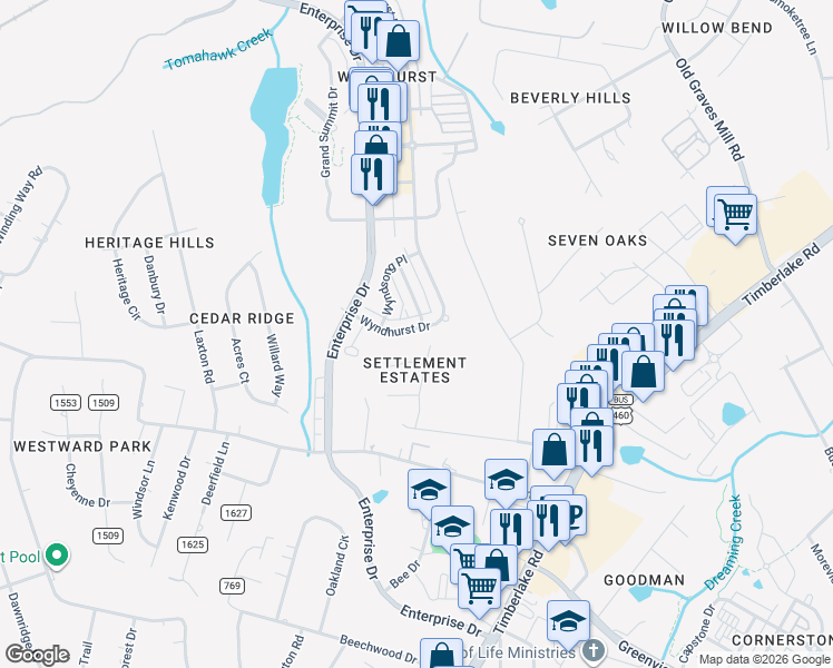 map of restaurants, bars, coffee shops, grocery stores, and more near 213 Wyndhurst Drive in Lynchburg