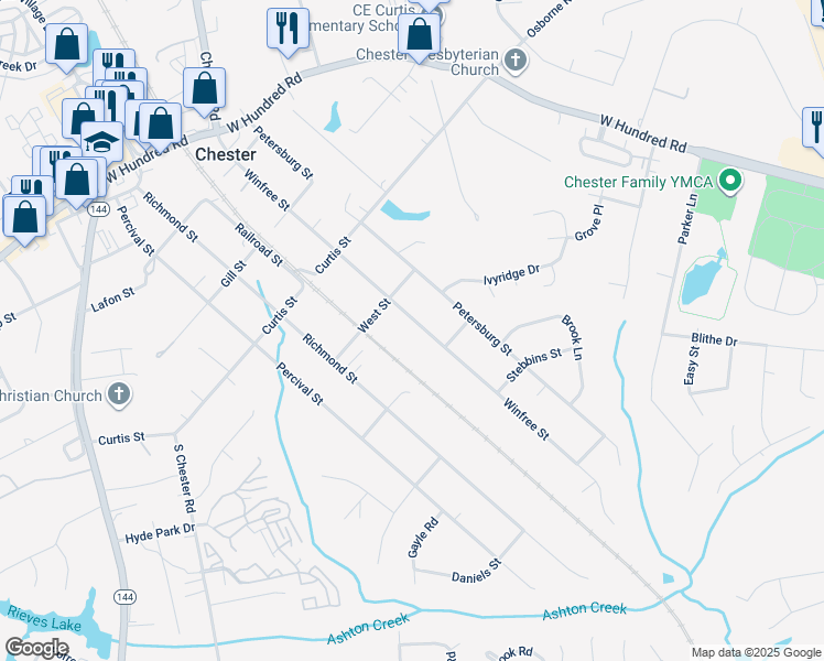 map of restaurants, bars, coffee shops, grocery stores, and more near 12424 Winfree Street in Chester