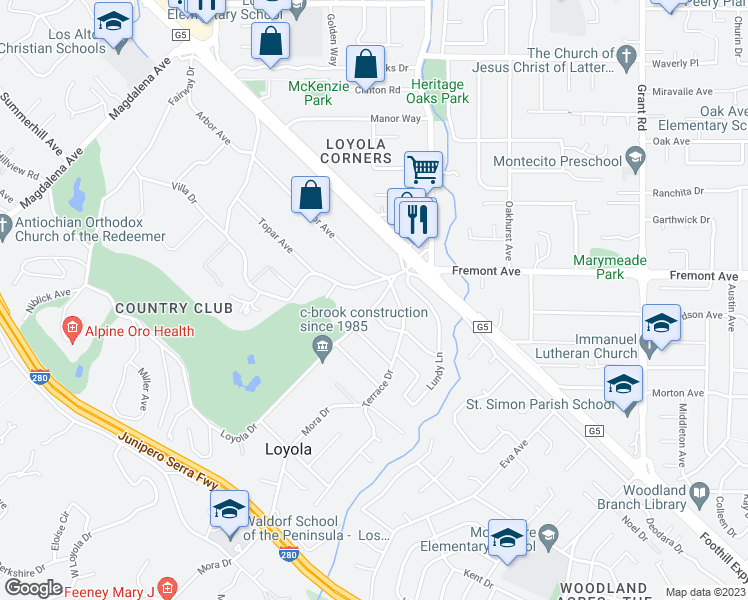 map of restaurants, bars, coffee shops, grocery stores, and more near 909 Loyola Drive in Los Altos