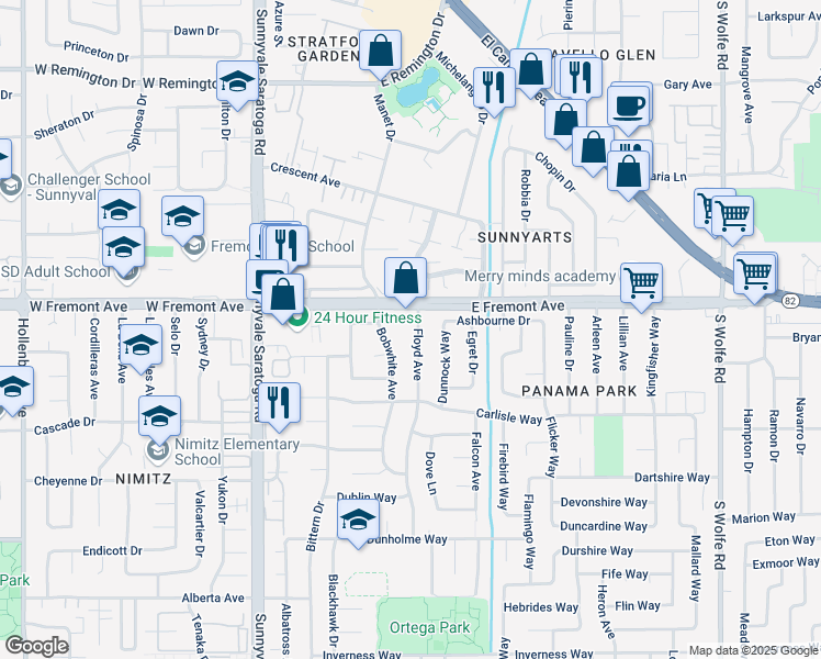 map of restaurants, bars, coffee shops, grocery stores, and more near 1333 Floyd Avenue in Sunnyvale