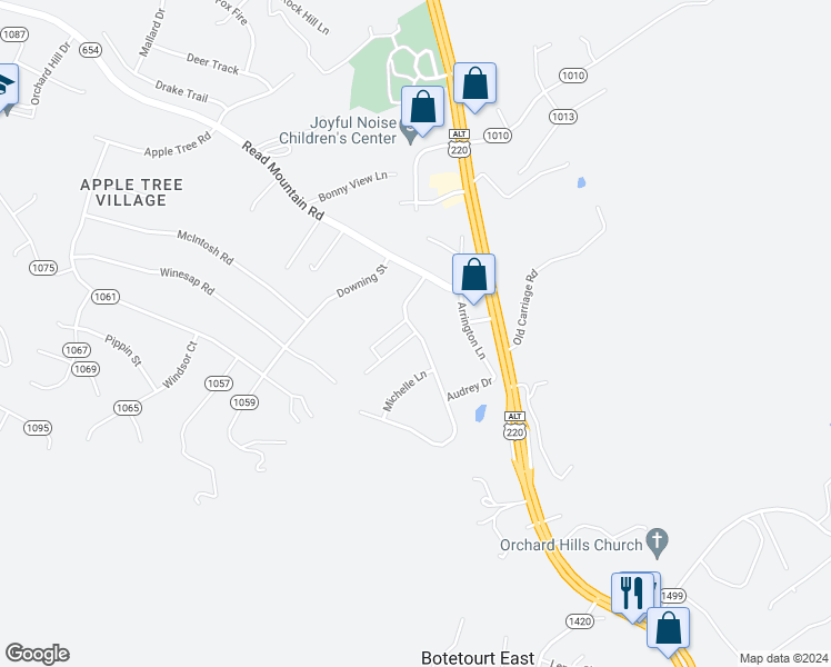 map of restaurants, bars, coffee shops, grocery stores, and more near 8 Primrose Court in Roanoke