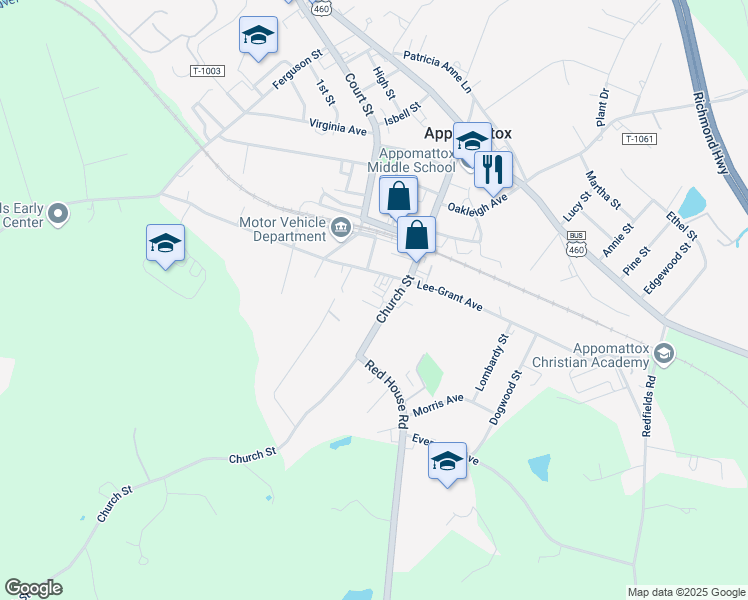 map of restaurants, bars, coffee shops, grocery stores, and more near 1665 Church St in Appomattox