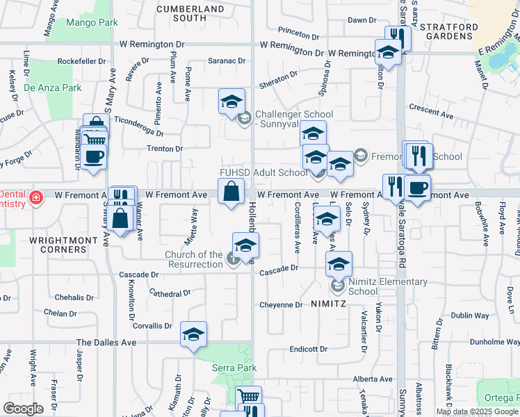 map of restaurants, bars, coffee shops, grocery stores, and more near 69 Hollenbeck Avenue in Sunnyvale