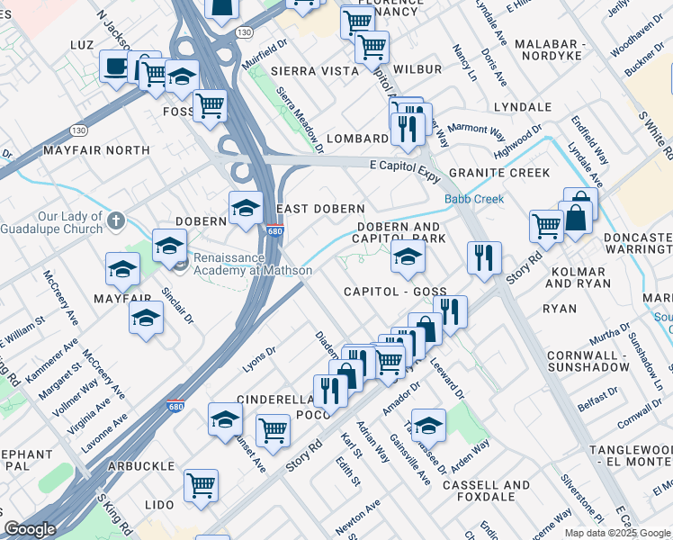 map of restaurants, bars, coffee shops, grocery stores, and more near 725 Peter Pan Avenue in San Jose