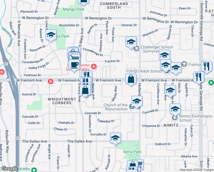 map of restaurants, bars, coffee shops, grocery stores, and more near 802 Allison Way in Sunnyvale