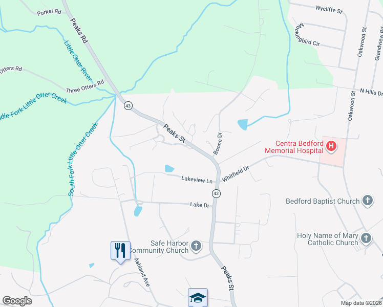map of restaurants, bars, coffee shops, grocery stores, and more near 1321 Peaks Street in Bedford