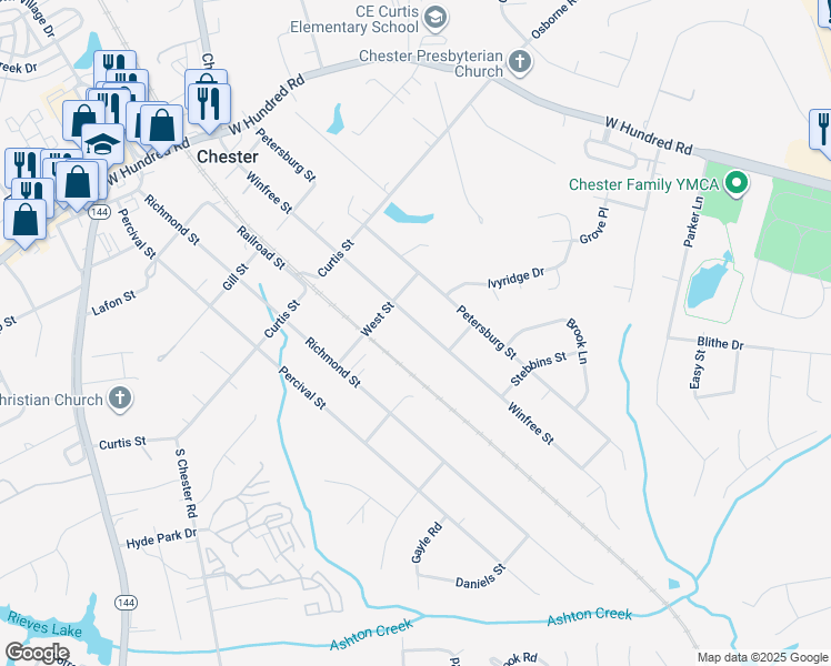 map of restaurants, bars, coffee shops, grocery stores, and more near 12424 Winfree Street in Chester