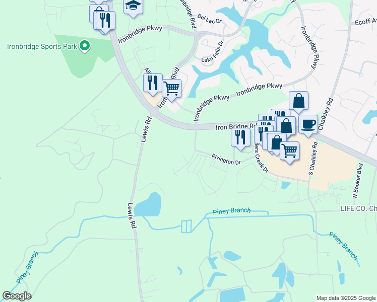 map of restaurants, bars, coffee shops, grocery stores, and more near 12000 Edenshire Road in Chester