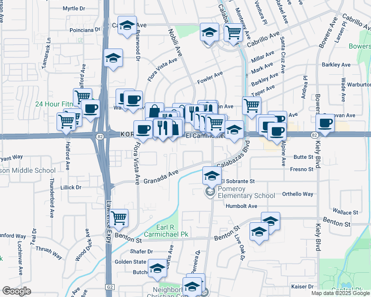 map of restaurants, bars, coffee shops, grocery stores, and more near 3399 Snively Avenue in Santa Clara