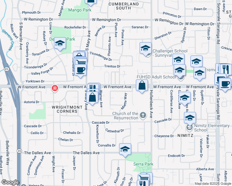 map of restaurants, bars, coffee shops, grocery stores, and more near 802 Allison Way in Sunnyvale