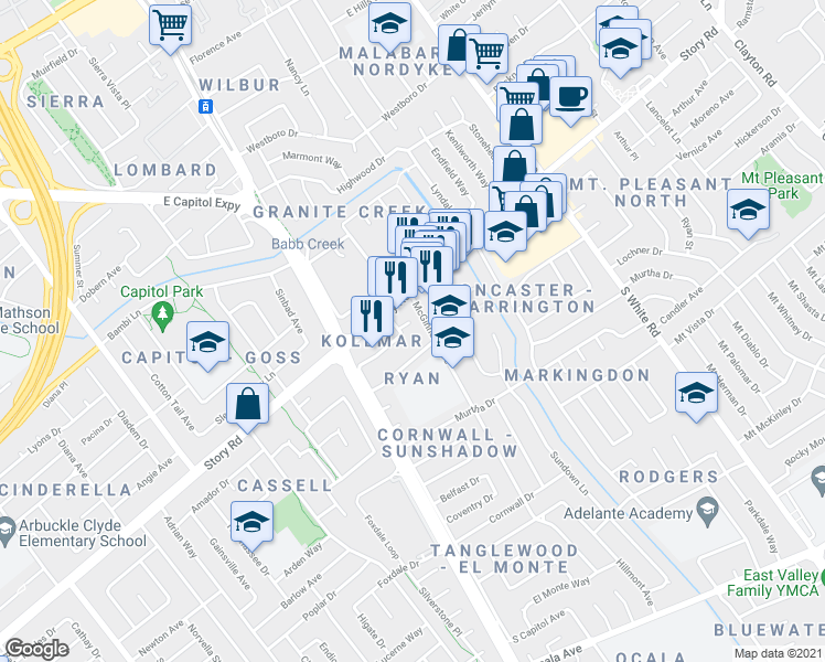 map of restaurants, bars, coffee shops, grocery stores, and more near 1167 McGinness Avenue in San Jose