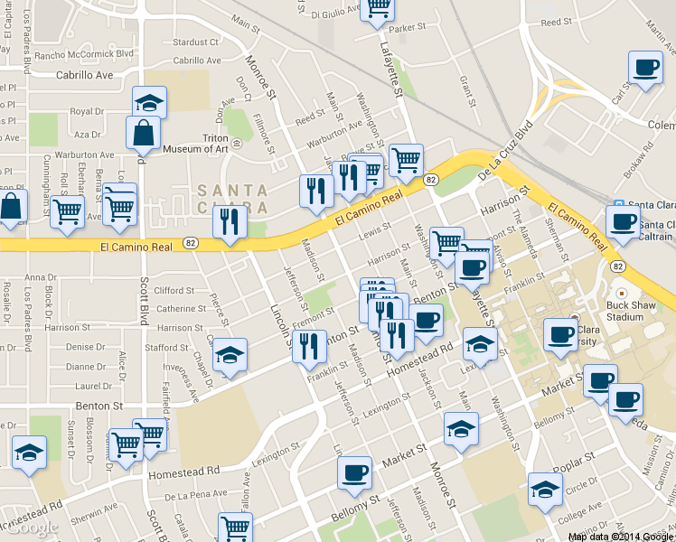 map of restaurants, bars, coffee shops, grocery stores, and more near 1306 Monroe Street in Santa Clara
