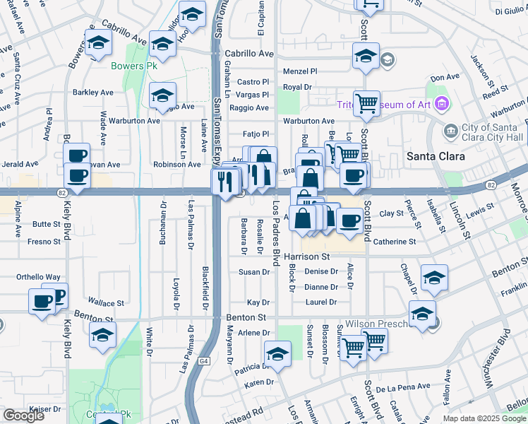 map of restaurants, bars, coffee shops, grocery stores, and more near 1500 Los Padres Boulevard in Santa Clara