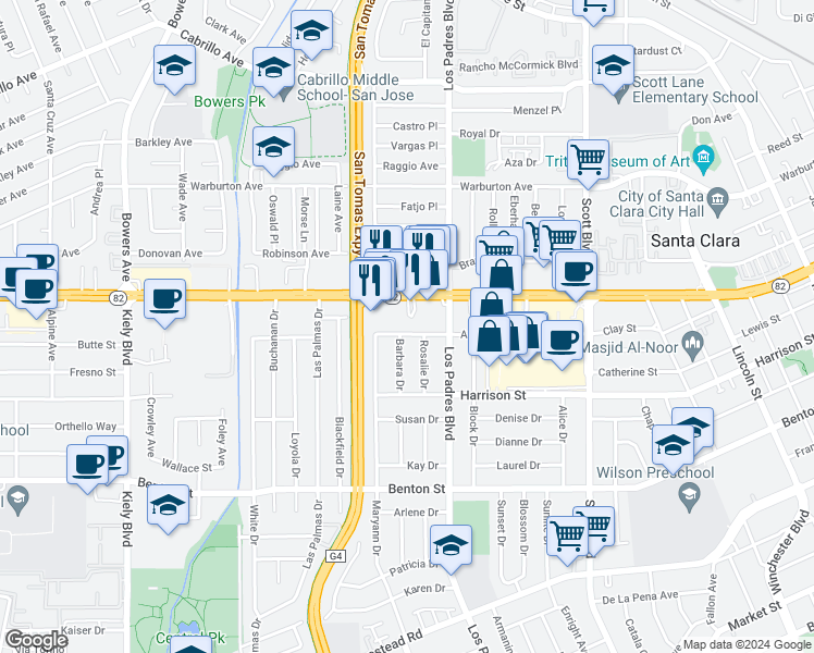 map of restaurants, bars, coffee shops, grocery stores, and more near 2457 Anna Drive in Santa Clara