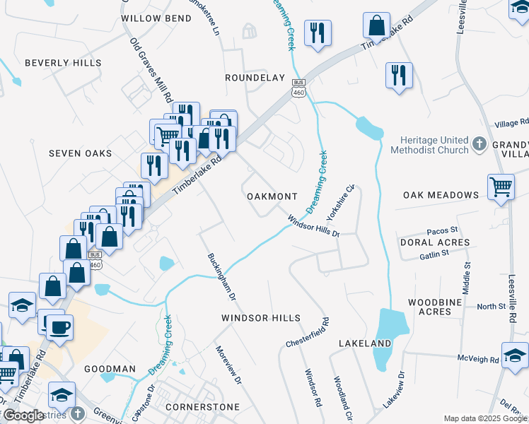 map of restaurants, bars, coffee shops, grocery stores, and more near 1035 Oakmont Circle in Lynchburg