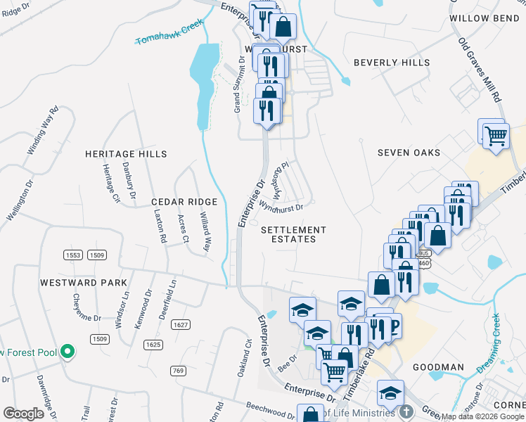 map of restaurants, bars, coffee shops, grocery stores, and more near 198 Wyndhurst Drive in Lynchburg