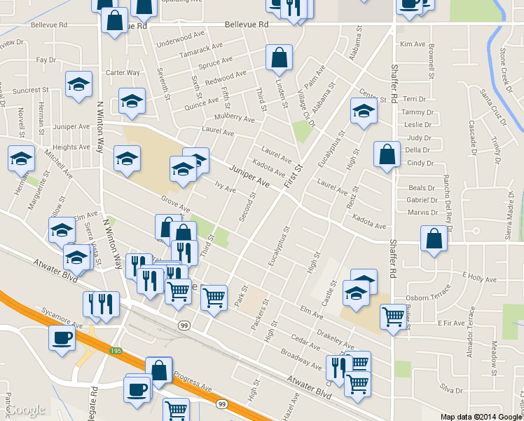 map of restaurants, bars, coffee shops, grocery stores, and more near 1739 First Street in Atwater