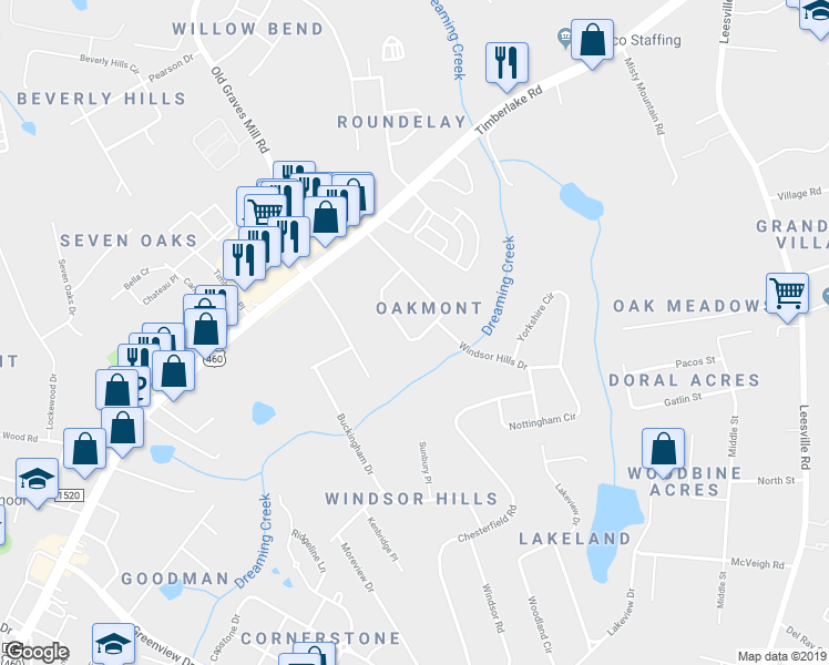 map of restaurants, bars, coffee shops, grocery stores, and more near 1035 Oakmont Circle in Lynchburg