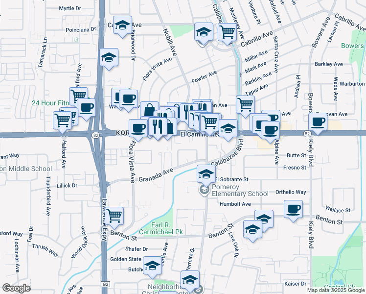 map of restaurants, bars, coffee shops, grocery stores, and more near 3391 Snively Avenue in Santa Clara