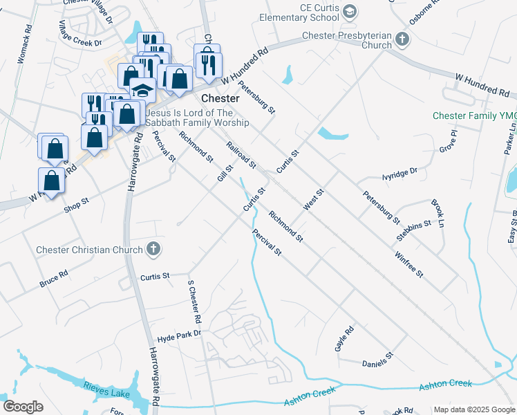 map of restaurants, bars, coffee shops, grocery stores, and more near 12408 Richmond Street in Chester