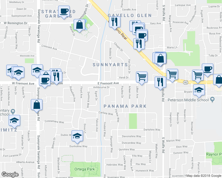map of restaurants, bars, coffee shops, grocery stores, and more near 730 Ashbourne Drive in Sunnyvale